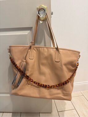 Tushbaby Beige Leather Tote/Diaper Bag with Tortoiseshell Chain and Tassel